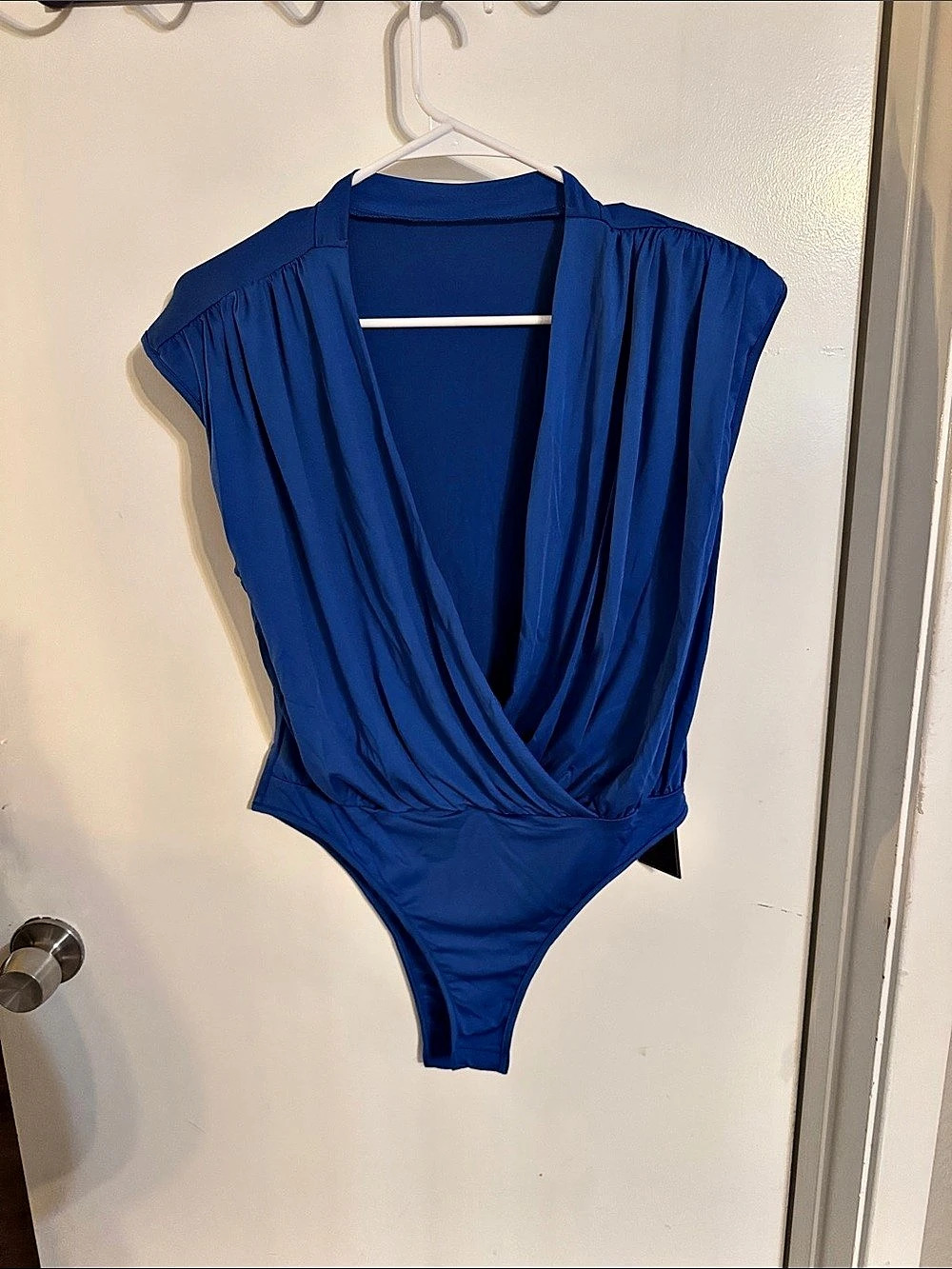 Miumia Blue Draped Bodysuit with slight Shoulder Pads NWT